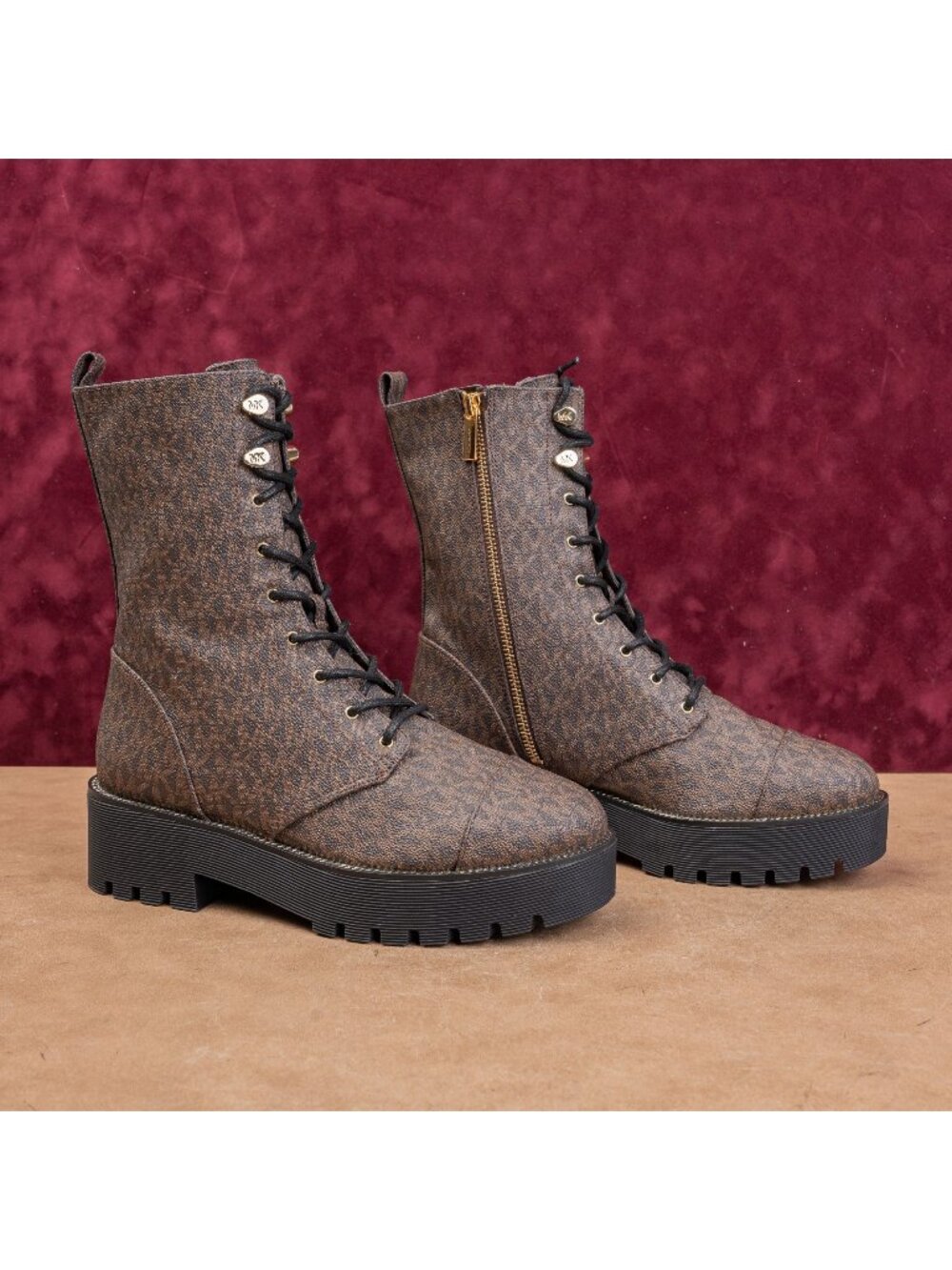 Michael Kors Women Bryce MK Logo Platform Zip Lace-up Festival Combat Boots 9